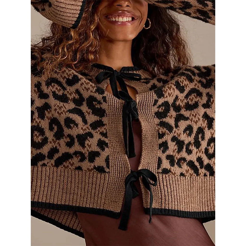 Women Knit Cardigan Leopard Print Ribbed Long Sleeve Tie Front Closure - Frimunt Clothing Co.