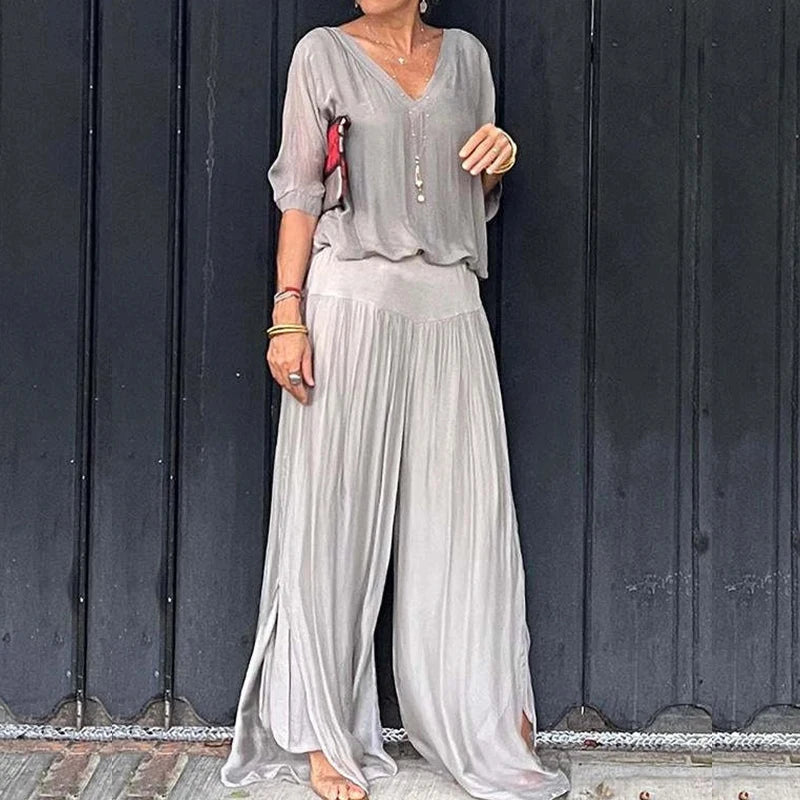 Women's Elegant Spring Chiffon Wide-leg Pants Two-piece Set V Neck - Frimunt Clothing Co.