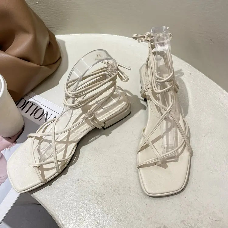 Women's Strappy Leather Low Heel Lace Up Summer Gladiator Sandals - Frimunt Clothing Co.