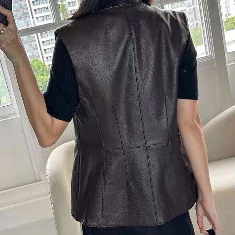 Women Genuine Lambskin Leather Single Breasted Round Neck Slim Fit Vest