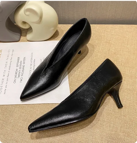Pointed Toe Leather  V Cut Pump Kitten Heel or Chunky Heel Shoes