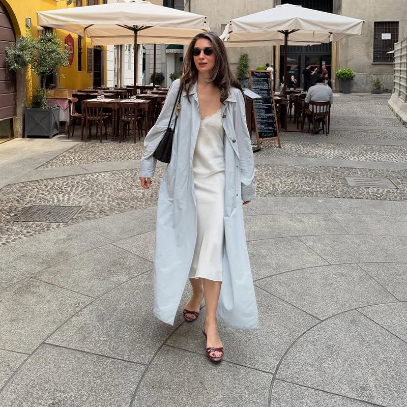 Button Front Women's Stand Collar Long Solid Color Trench Coat