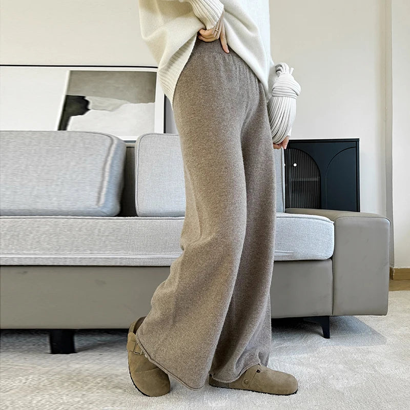 Women's Pure Warm Wool Knit Casual High-Waist Loose Hemmed Wide-Leg Fall-Winter Pants
