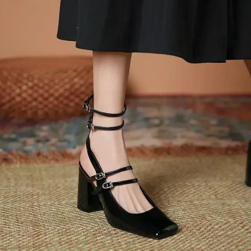 Luxury Designer Women's Ankle Strap Square Toe Chunky High Heels FSlingback Pumps - Frimunt Clothing Co.