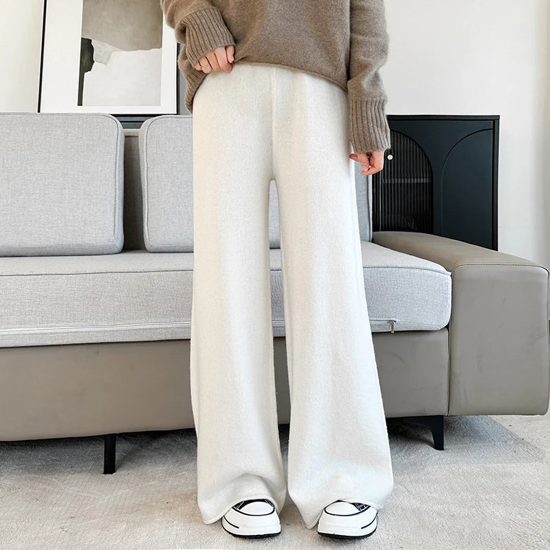 Women's Pure Warm Wool Knit Casual High-Waist Loose Hemmed Wide-Leg Fall-Winter Pants