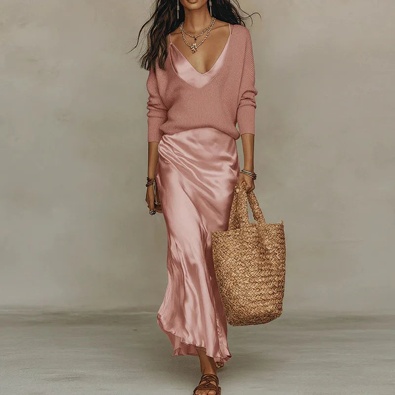 Women V Neck Long Sleeve Knitted Sweater and Satin Long Dress Suit 2026 Spring Solid 2 Piece Outfits