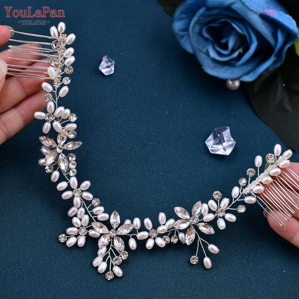 Pearl Wedding Headband with Combs Woman Hair Clip Bride Tiara Headpiece Rhinestone Bridal Headwear - Frimunt Clothing Co.