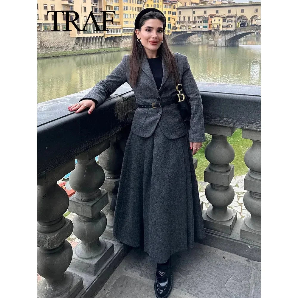 Autumn Women Fashion Suits Trend, Solid V Neck Textured Slim Blazer + With Pleated Skirt - Frimunt Clothing Co.