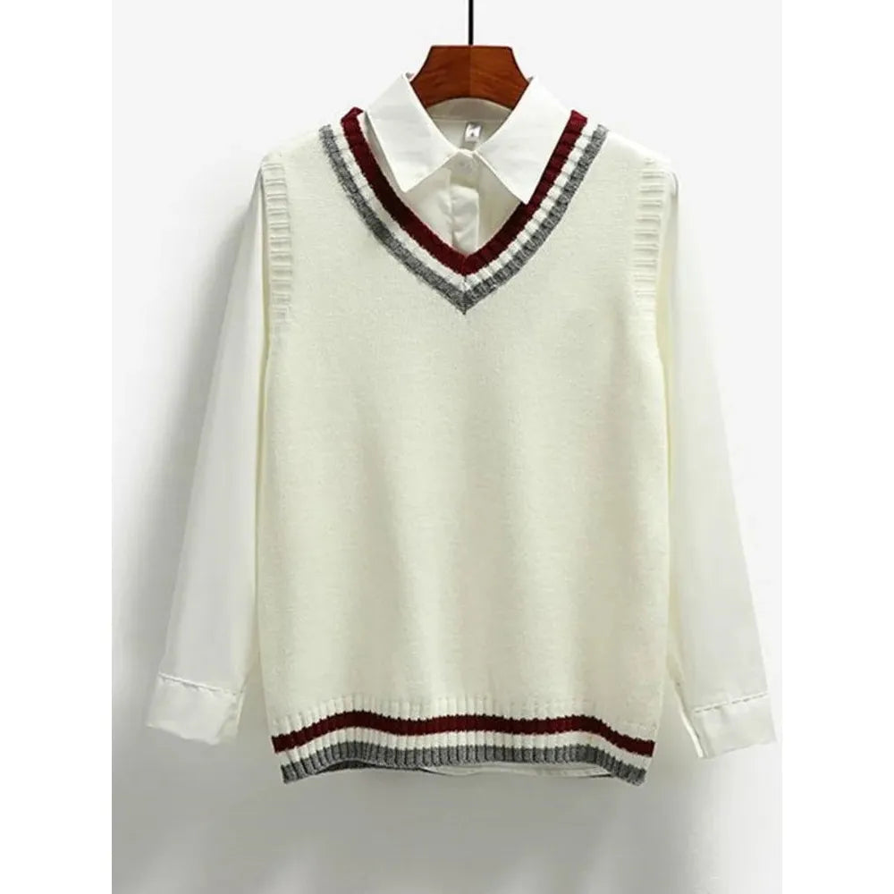 Women's Preppy Style Knit Sweater Vest Striped V Neck Sleeveless Loose Pullovers - Frimunt Clothing Co.