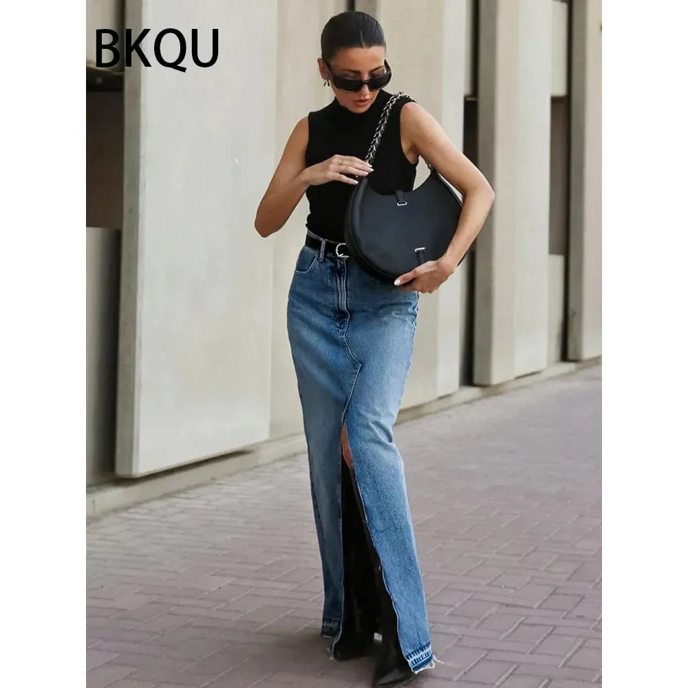 Women's High Waist Front Slit Long Denim Skirts Frayed Raw Hem - Frimunt Clothing Co.