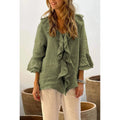 Lena Relaxed Boho Style Blouse with Flounce Neckline 3/4 Sleeve - Frimunt Clothing Co.