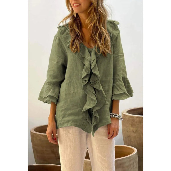 Lena Relaxed Boho Style Blouse with Flounce Neckline 3/4 Sleeve - Frimunt Clothing Co.