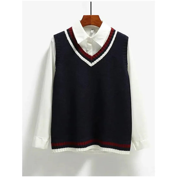 Women's Preppy Style Knit Sweater Vest Striped V Neck Sleeveless Loose Pullovers