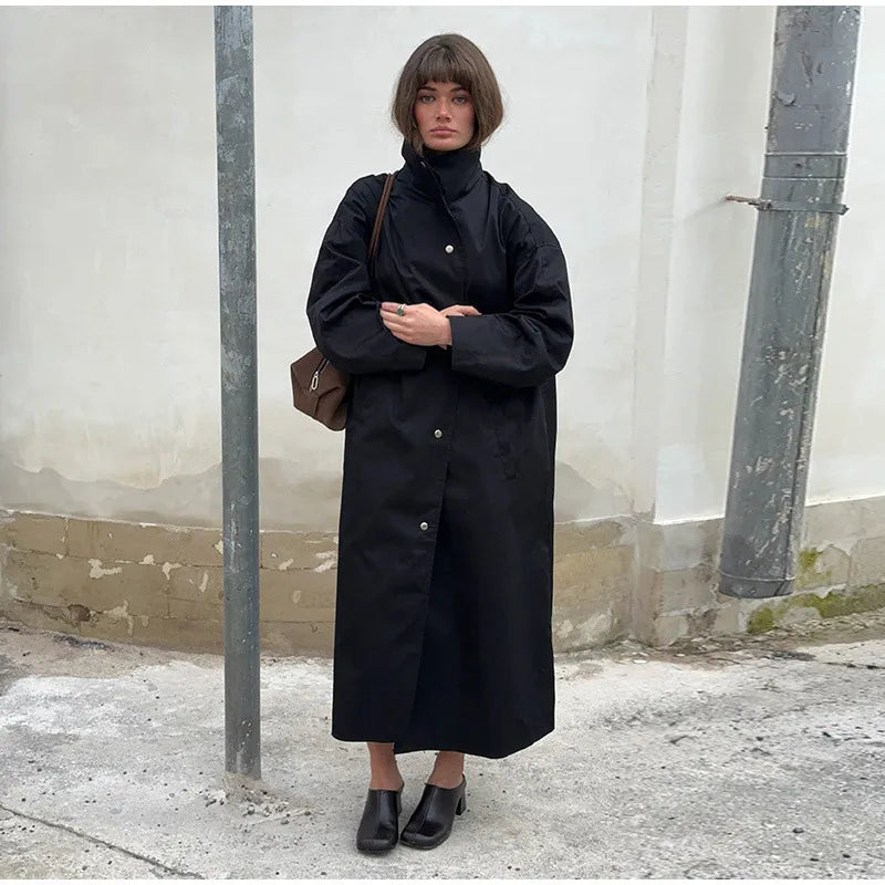 Button Front Women's Stand Collar Long Solid Color Trench Coat