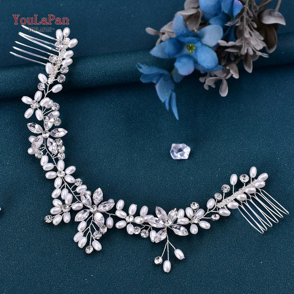 Pearl Wedding Headband with Combs Woman Hair Clip Bride Tiara Headpiece Rhinestone Bridal Headwear - Frimunt Clothing Co.