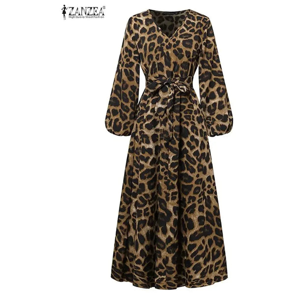 Women's Long Sleeve Leopard V-Neck Maxi Dresses