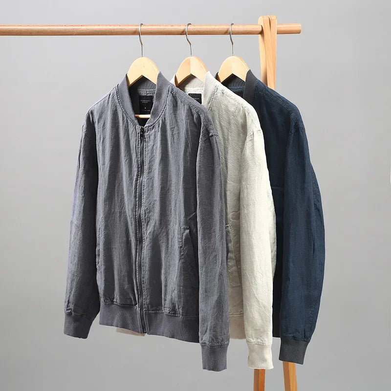 Men's Retro 100% Linen Jackets Baseball Collar Casual Solid Colors  Zip Up Jacket - Frimunt Clothing Co.