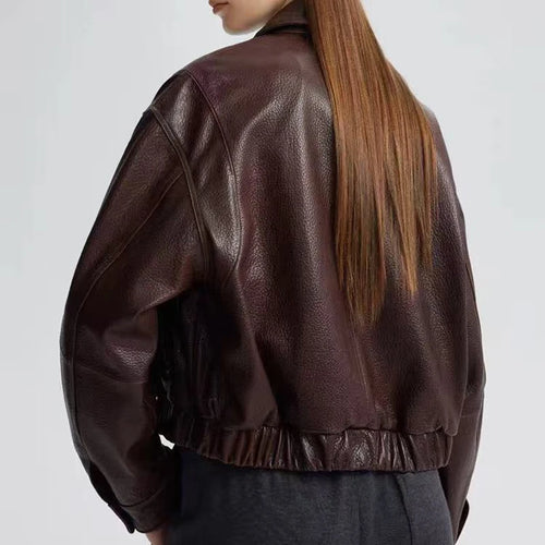 Retro Genuine Leather Short Bomber Jackets for Women Bubble Texture - Frimunt Clothing Co.