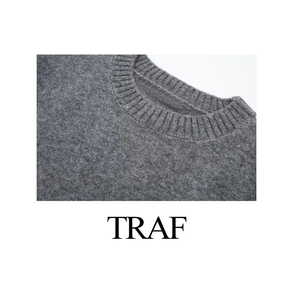 Autumn Winter Women's Gray Knit Pullover Sweaters Long Sleeve O-Neck - Frimunt Clothing Co.