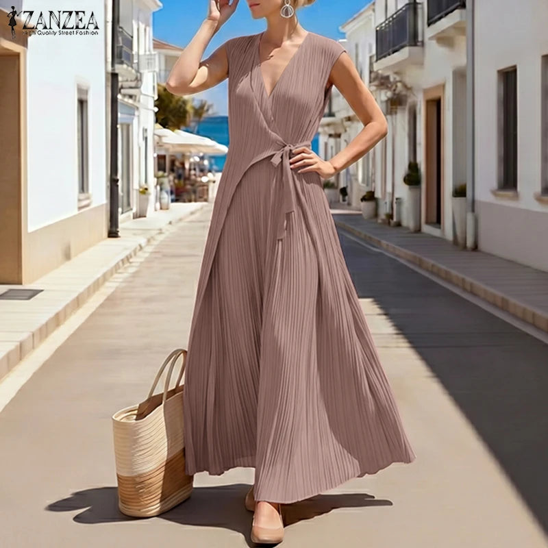 Summer Women Dress V Neck Lace-up Long Maxi Dresses