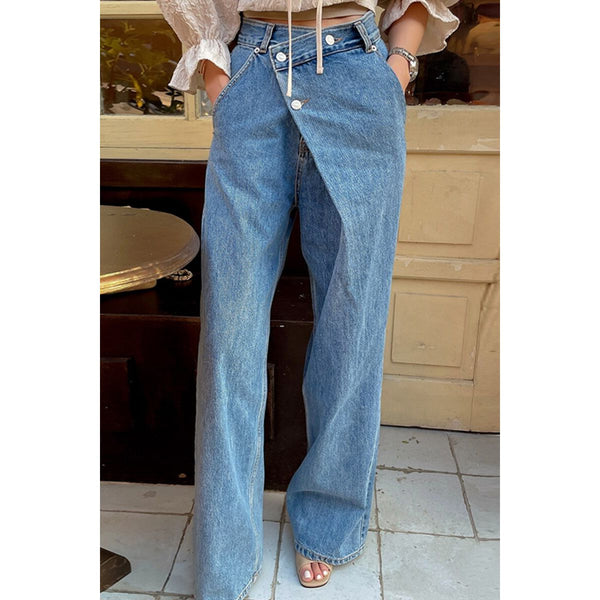 SuperAen Women's Chic Retro Irregular Waist Button Design Wide Leg Jeans