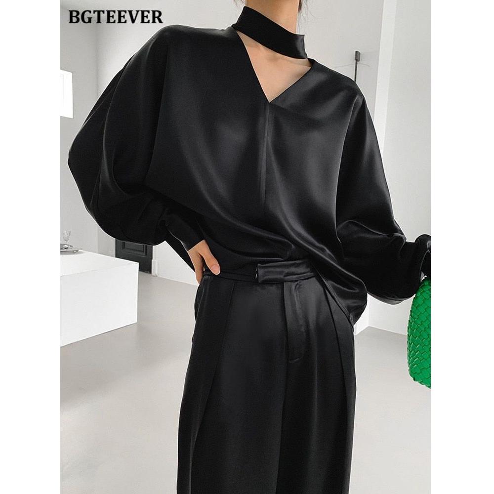 Elegant V-neck Long Sleeve Loose Satin Blouse - Frimunt Clothing Co.