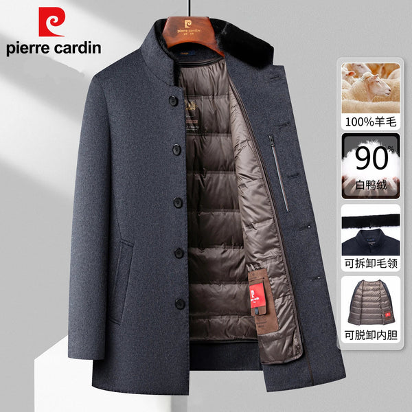 Gray coat with brown lining and visible brand 'Pierre Cardin' on a gray background