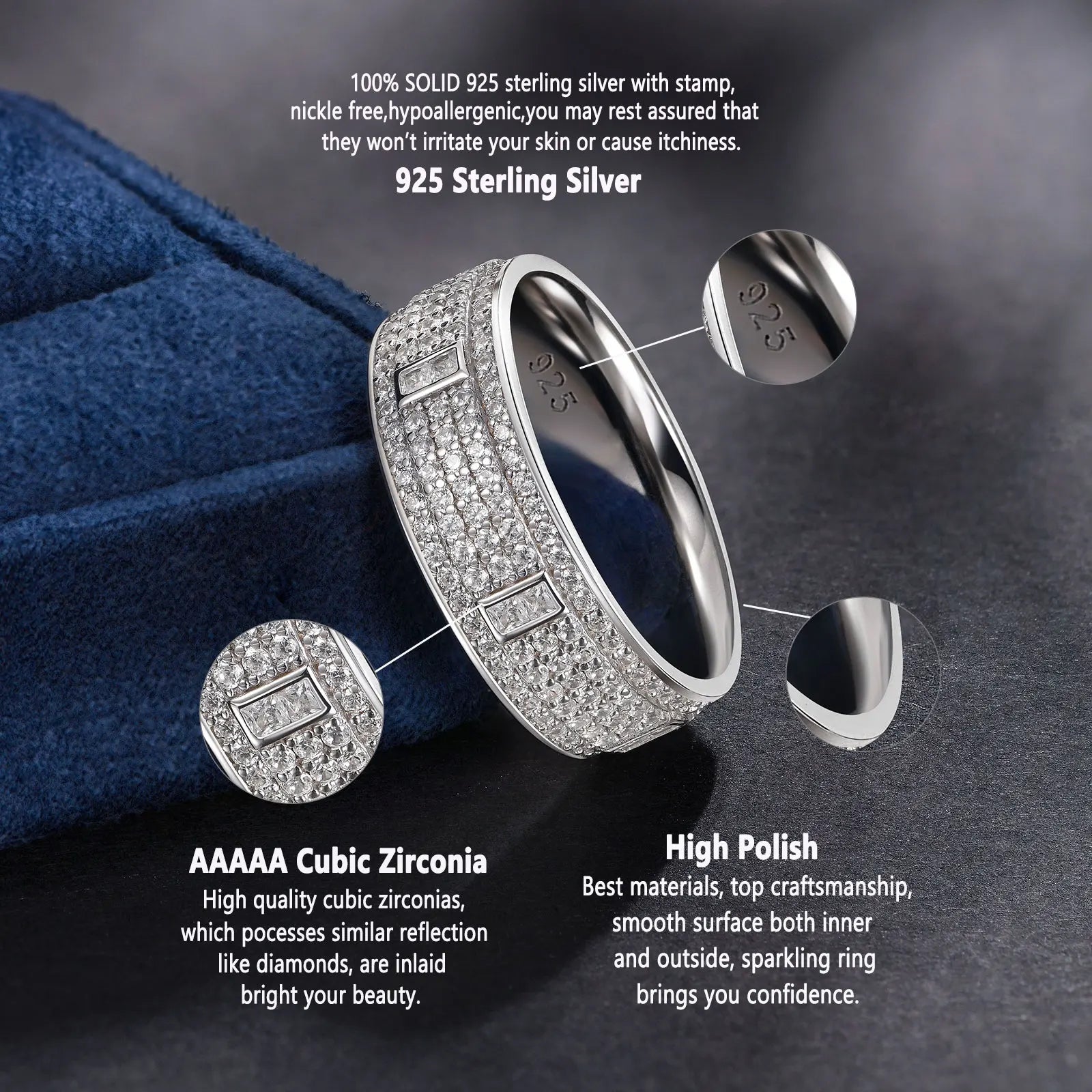 Wedding Rings for Men 3ct 925 Sterling Silver Wedding Band 5A Round Pave Setting Zircons - Frimunt Clothing Co.