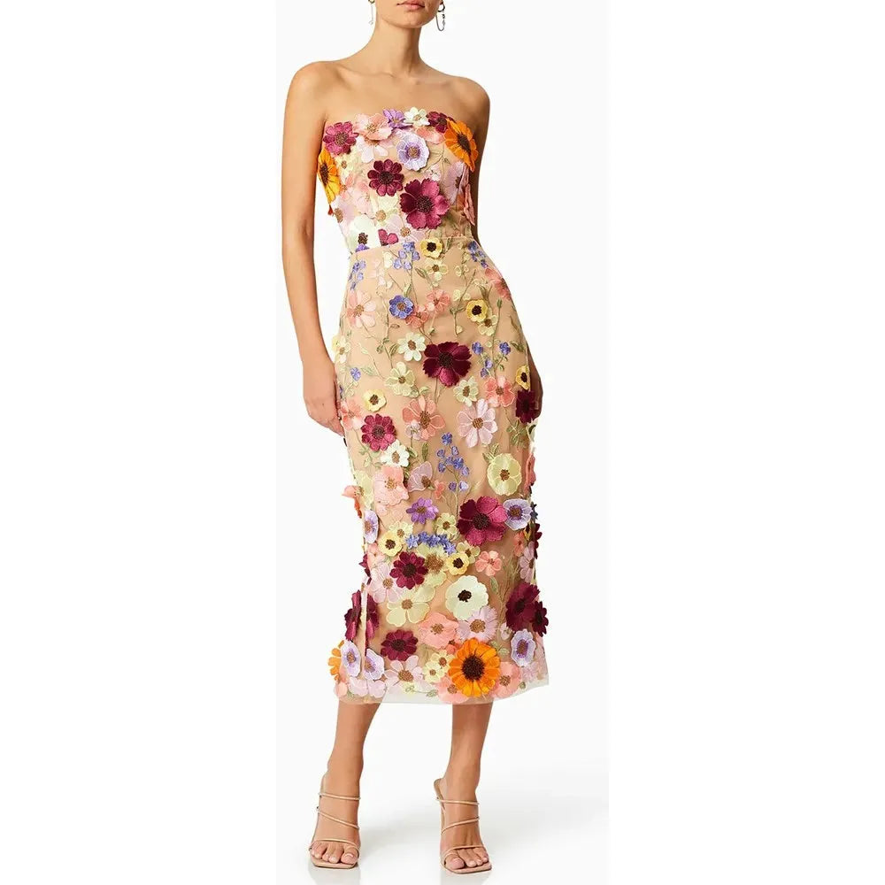 Women's Sleeveless Floral Appliques Midi Dress - Frimunt Clothing Co.