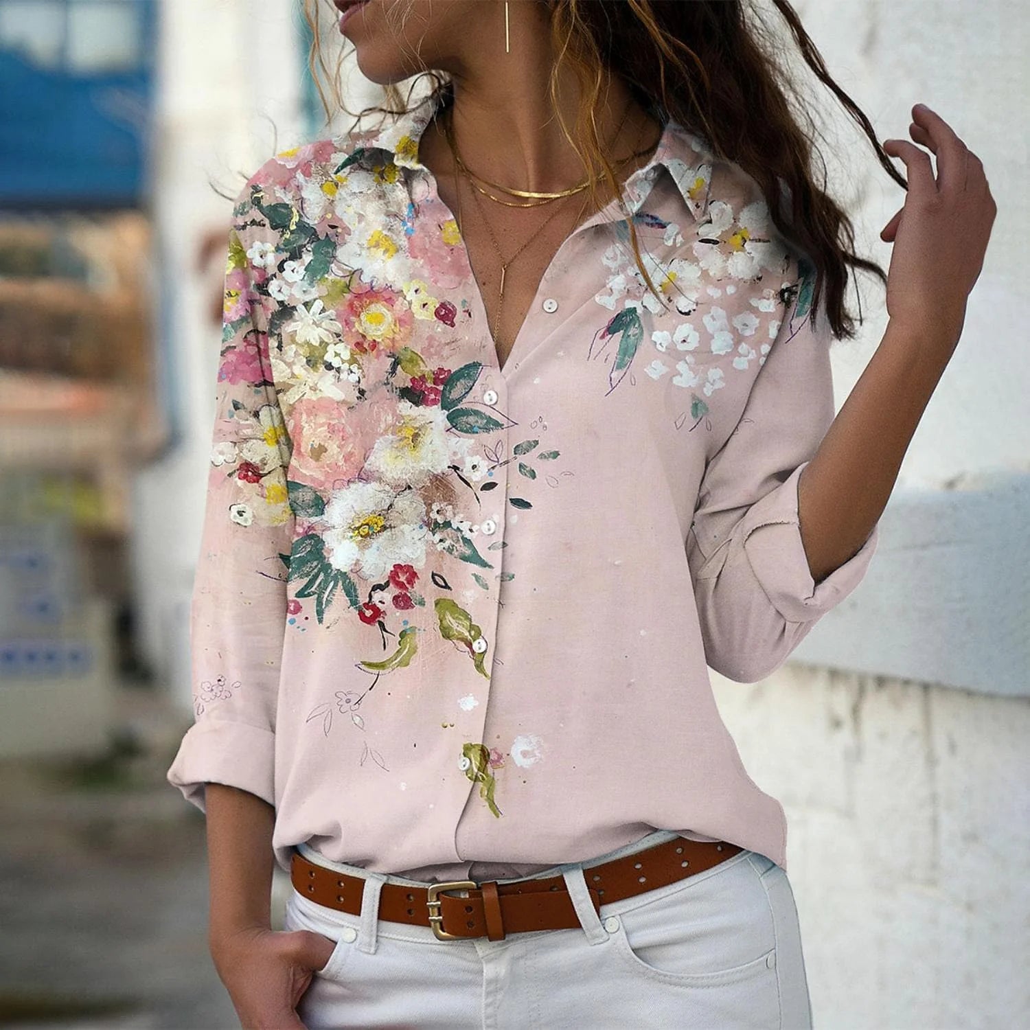 Women Casual Elegant Loose Long Sleeve Floral Shirts - Frimunt Clothing Co.
