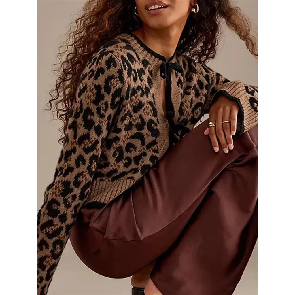 Women Knit Cardigan Leopard Print Ribbed Long Sleeve Tie Front Closure - Frimunt Clothing Co.