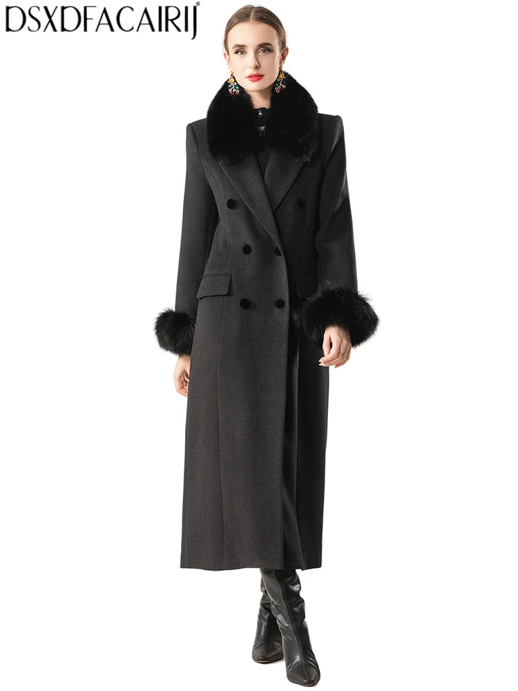 Abrigo de invierno cruzado con cuello de piel desmontable y solapa negra para mujer