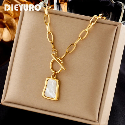 Geometric Pearl Pendant Necklace For Women 316L Stainless Steel Link Chain