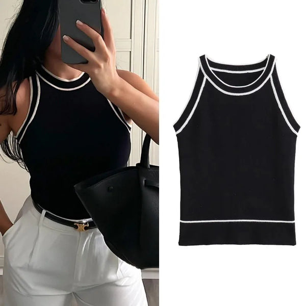 Women's Sleeveless Knit Fabric Black & White Tank Tops