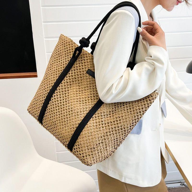Hand-Woven Natural Straw Beach Tote Handbag Knotted Shoulder Strap Large Capacity - Frimunt Clothing Co.