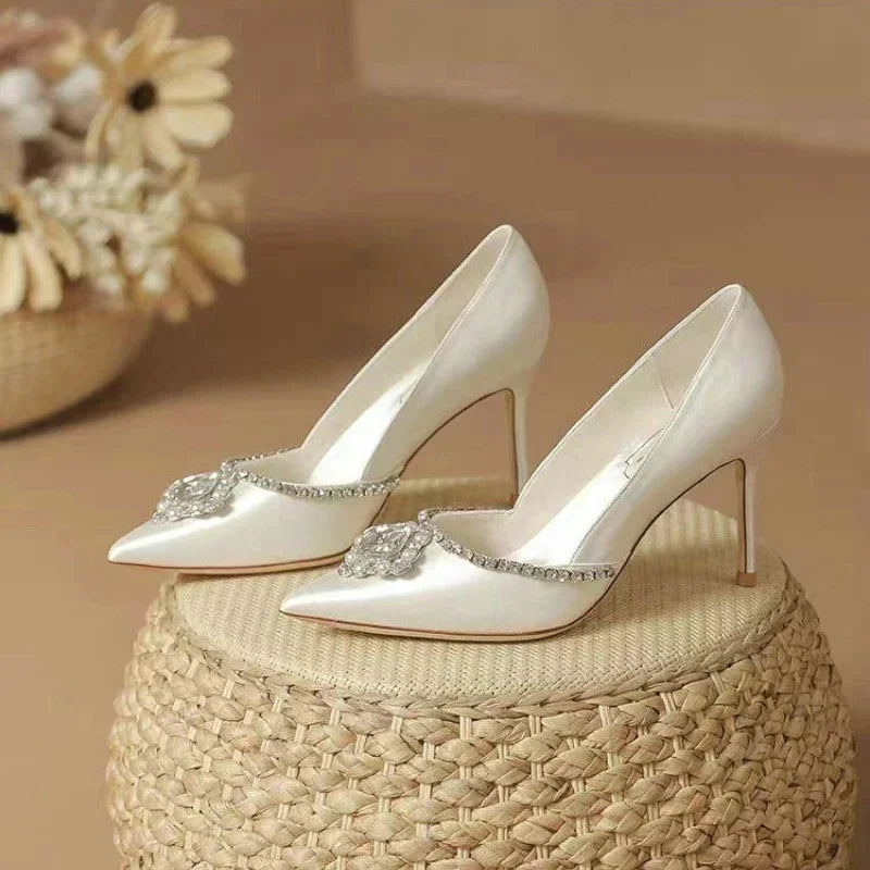 Elegant Wedding Shoes White Rhinestones High Heels 6cm and up, Bride, Bridesmaids Pumps - Frimunt Clothing Co.