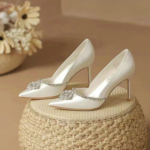 Elegant Wedding Shoes White Rhinestones High Heels 6cm and up, Bride, Bridesmaids Pumps - Frimunt Clothing Co.