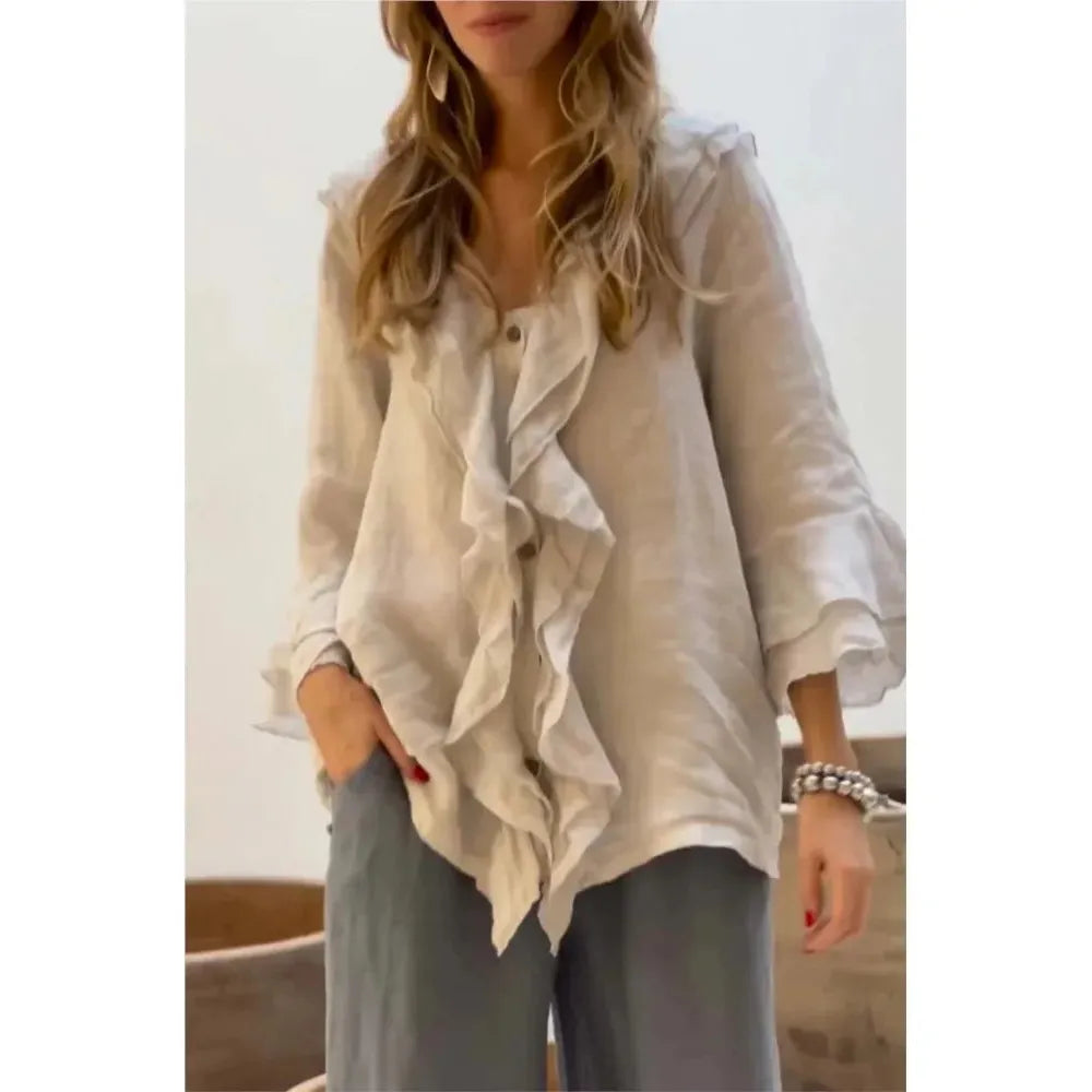 Lena Relaxed Boho Style Blouse with Flounce Neckline 3/4 Sleeve - Frimunt Clothing Co.