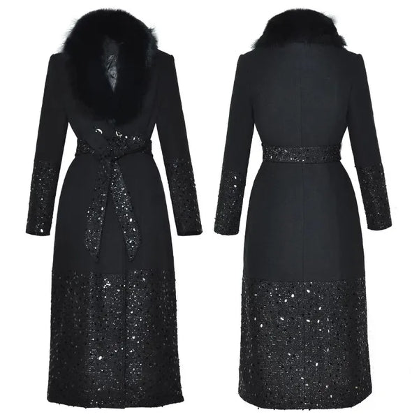 Women's Woolen Thick Coat Removable Fur Collar Strap Waist Glitter Splicing Long Coat