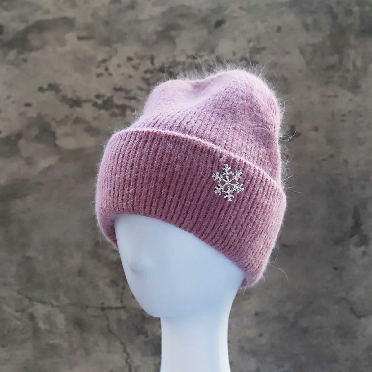 Women's Winter Knit Cuff Hat Real Warm Rabbit Hair Snowflake Pin Solid Colors - Frimunt Clothing Co.