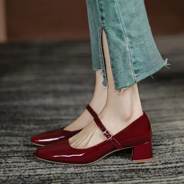 New Square Toe Solid Color Buckle Strap Patent Leather Shoes