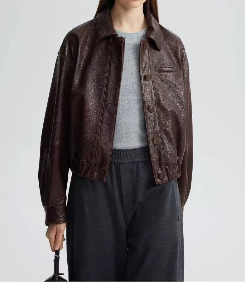 Retro Genuine Leather Short Bomber Jackets for Women Bubble Texture