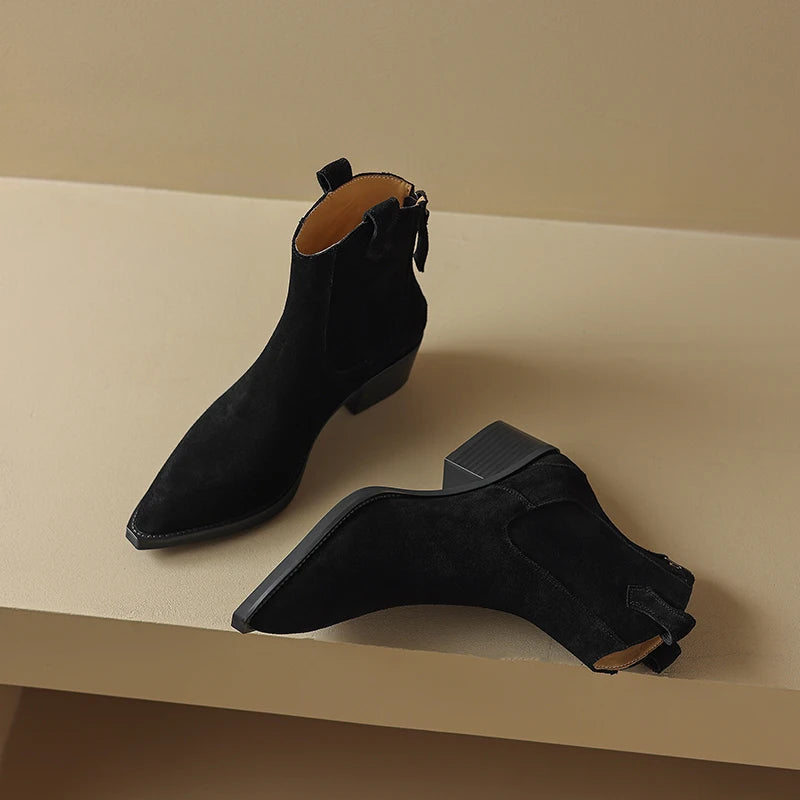 Women's Pointed Toe Zippered Western Genuine Cow Suede Cowboy Boots - Frimunt Clothing Co.