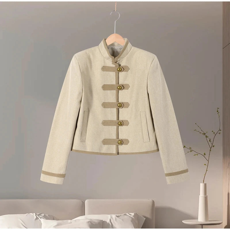 Chic Golden Toggle Button Cropped Jacket Padded Shoulder
