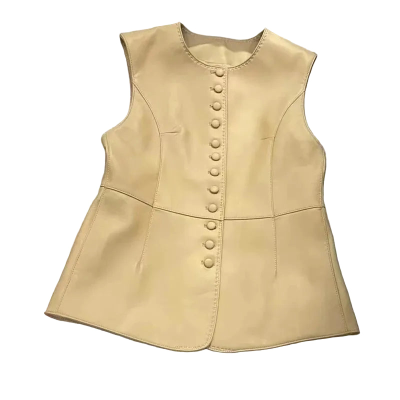 A sleeveless beige faux leather vest with a button-down front, laid flat on a white background