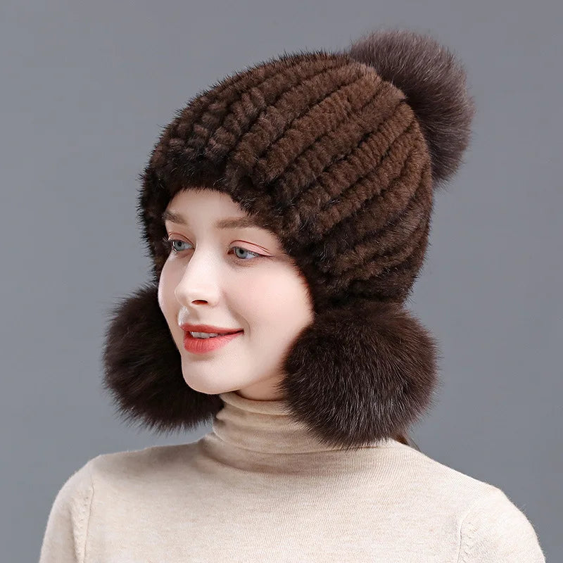 Winter Hot Sale Real Mink Fur Knitted Hat For Women With Fur Pompoms - Frimunt Clothing Co.