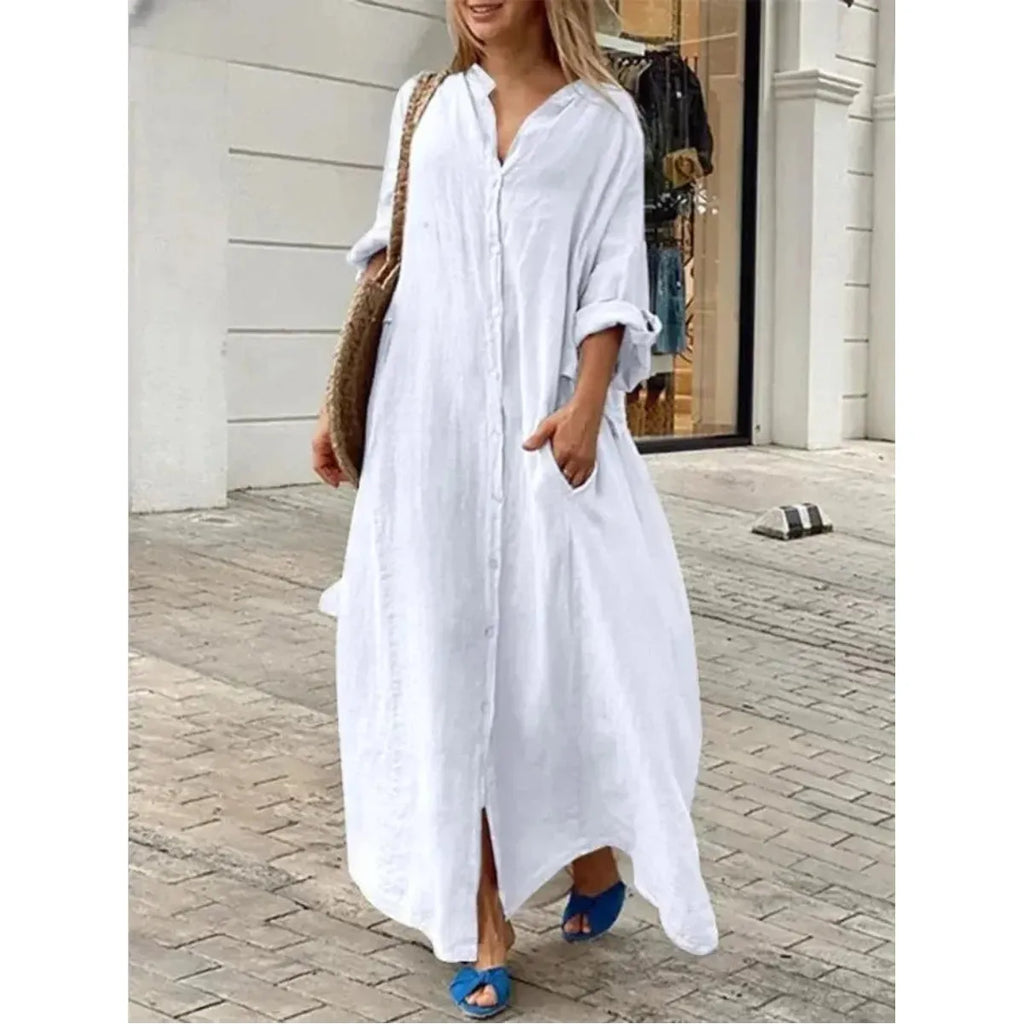 Summer Buttoned Front Oversize Long Dress With Pockets - Frimunt Clothing Co.