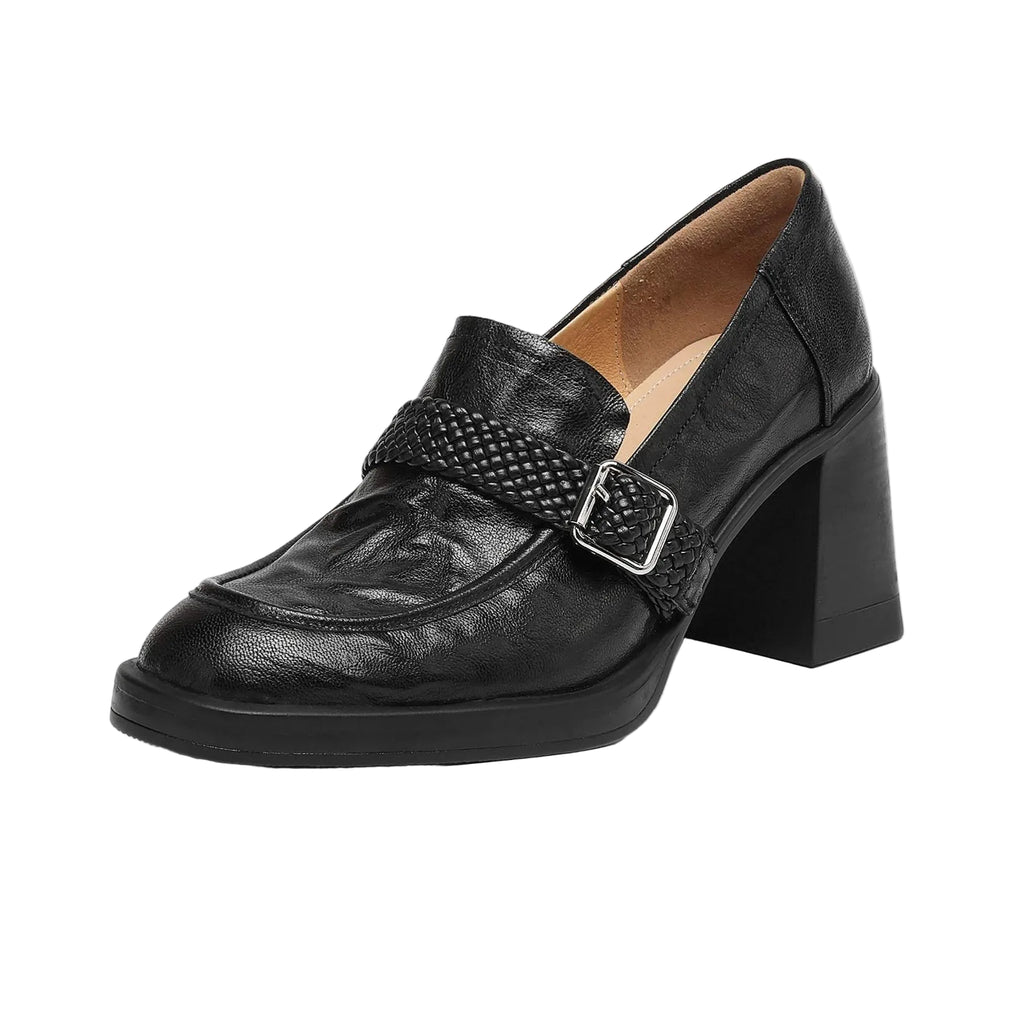 A single black leather block-heel shoe with a decorative braided strap and silver buckle, shown on a plain white background.