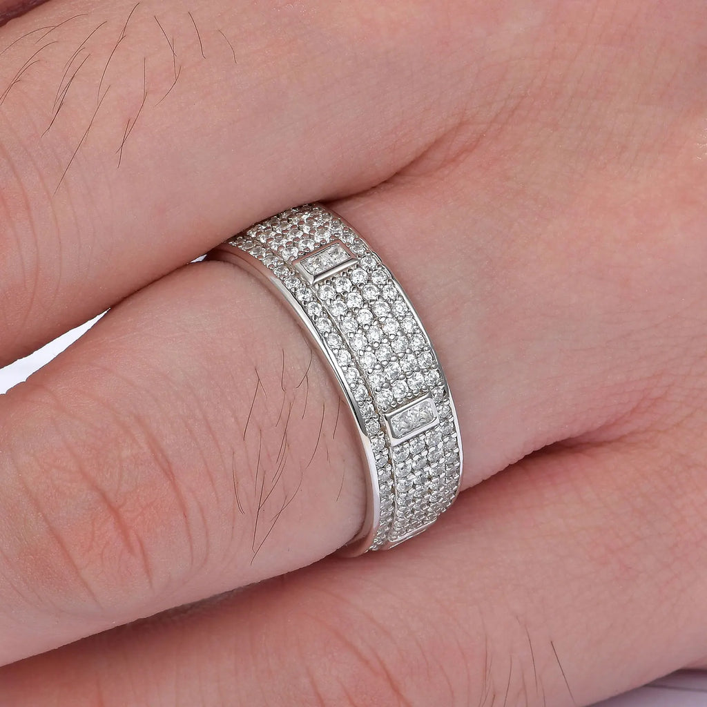Wedding Rings for Men 3ct 925 Sterling Silver Wedding Band 5A Round Pave Setting Zircons - Frimunt Clothing Co.