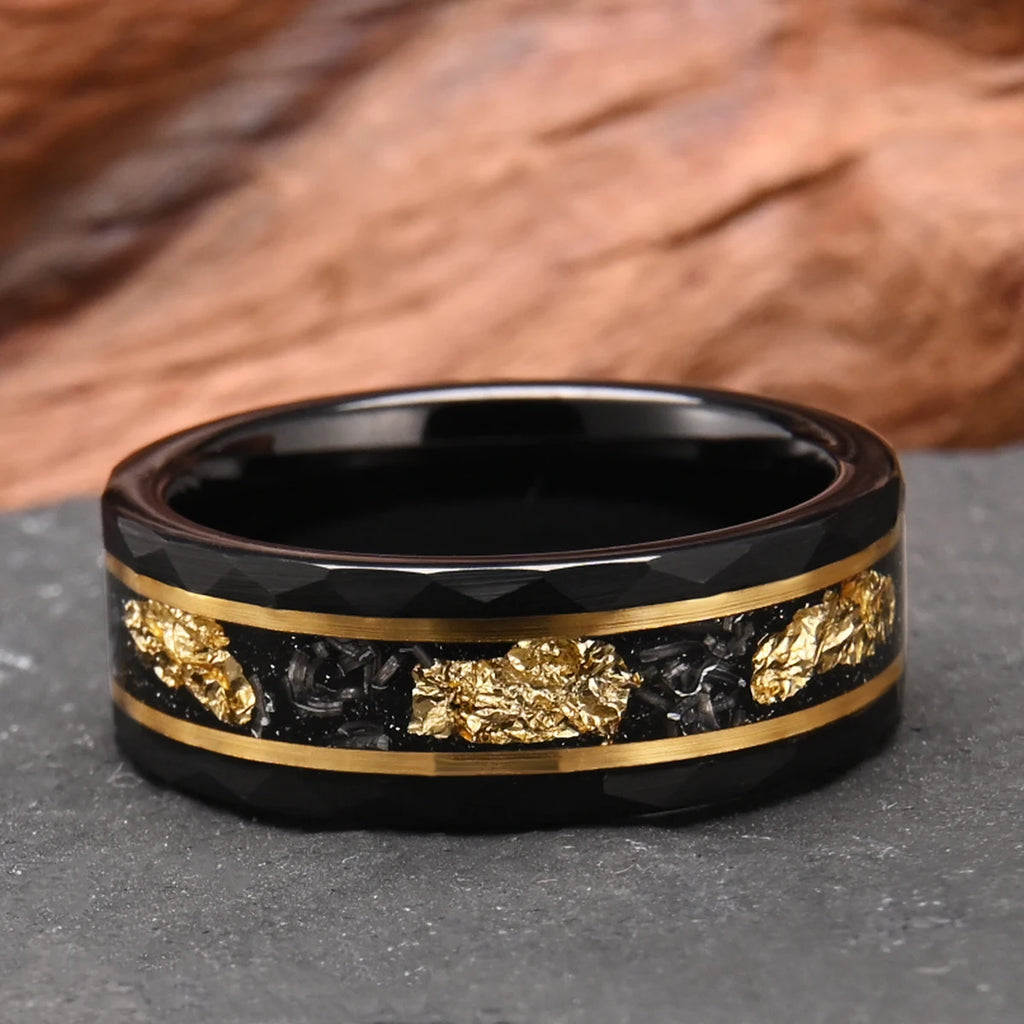 Classic Tungsten Carbide 8mm Ring Black with Golden Foil Wedding Engagement Ring for Men - Frimunt Clothing Co.